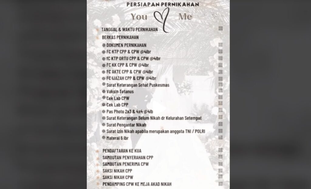 Download Template Wedding Checklist persiapan pernikahan PDF dan Excel Indonesia