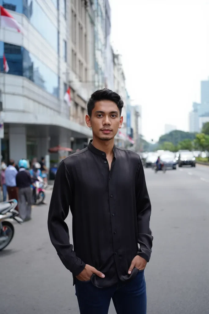 pria memakai Kemeja Shanghai (Collarless Shirt)